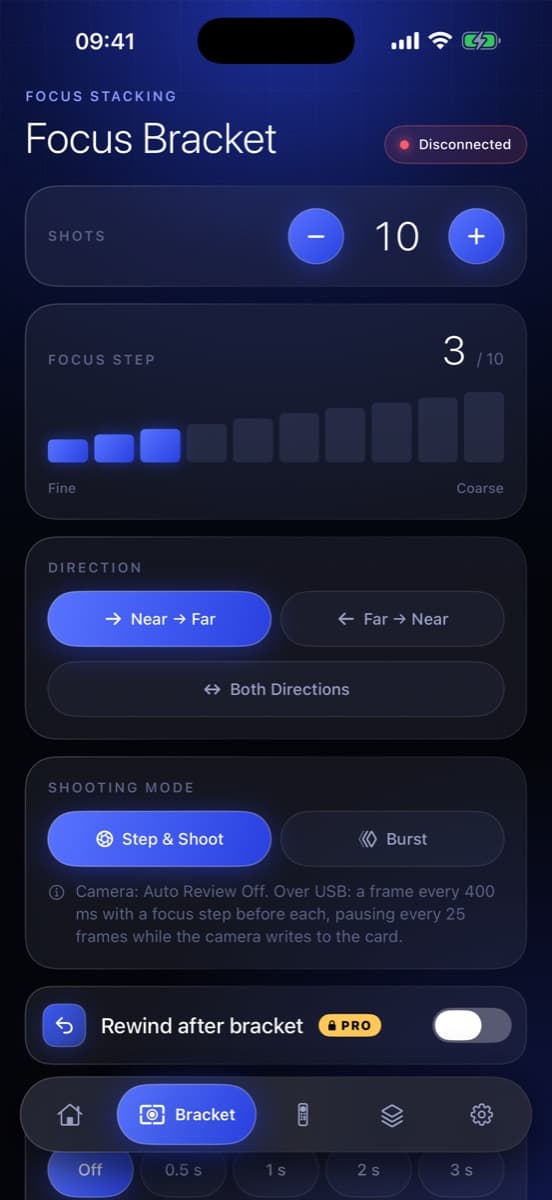 SFBracket focus bracket screen with shot count, focus step size and direction settings