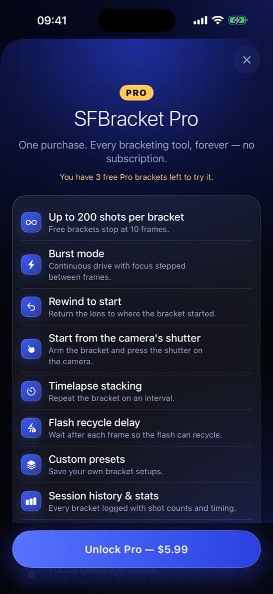 SFBracket Pro one-time purchase screen