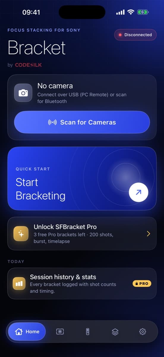 SFBracket home screen with camera scan and start bracketing