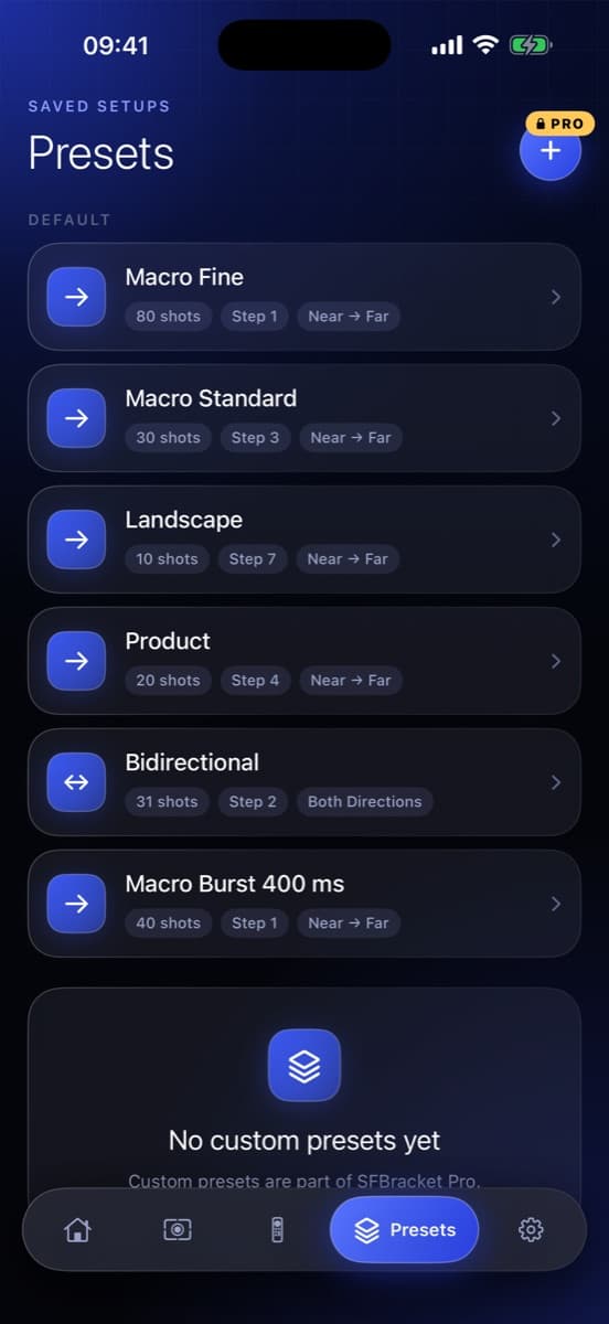 Preset library for macro, product and landscape brackets